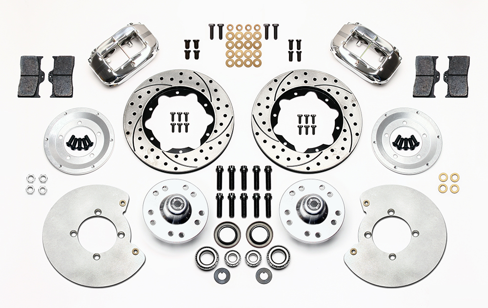 Wilwood Forged Dynalite Pro Series Front Brake Kit Parts Laid Out - Polish Caliper - SRP Drilled & Slotted Rotor