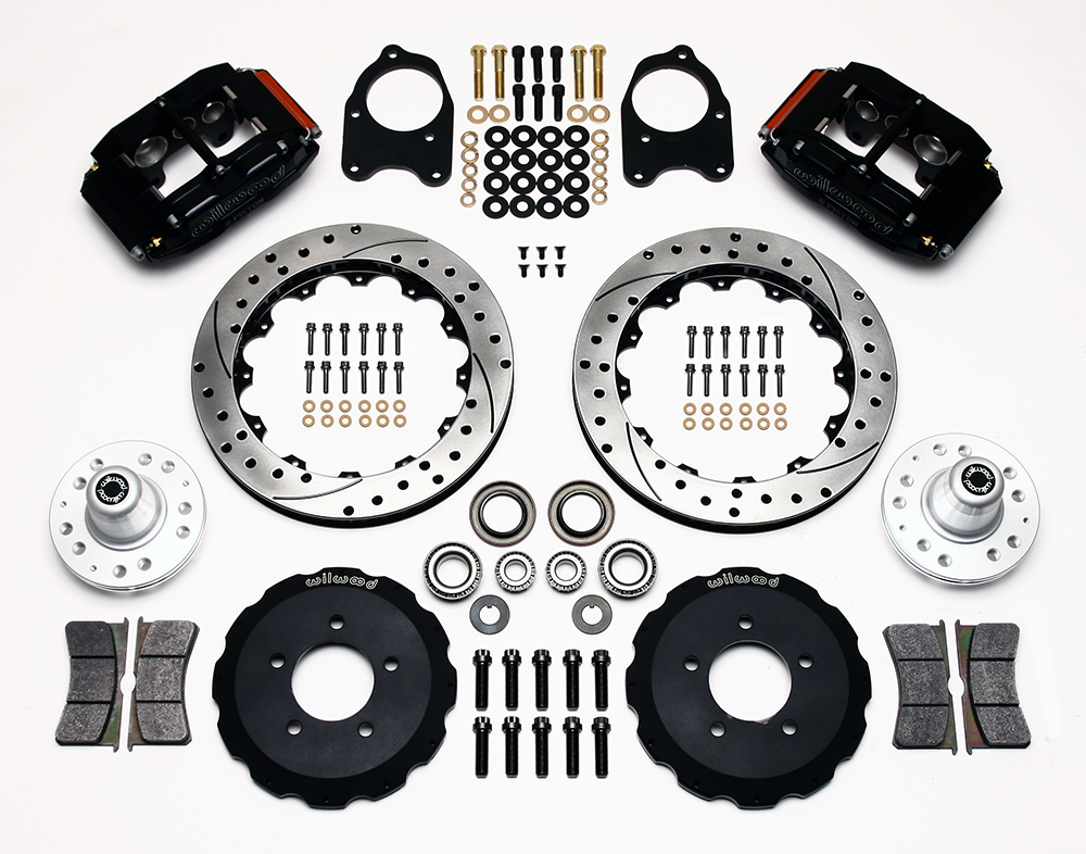 Wilwood Superlite 6 Big Brake Front Brake Kit (Hub) Parts Laid Out - Black Anodize Caliper - SRP Drilled & Slotted Rotor