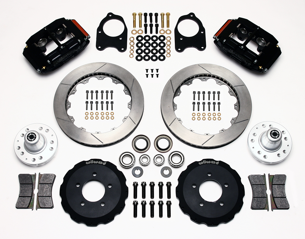 Wilwood Superlite 6 Big Brake Front Brake Kit (Hub) Parts Laid Out - Black Anodize Caliper - GT Slotted Rotor