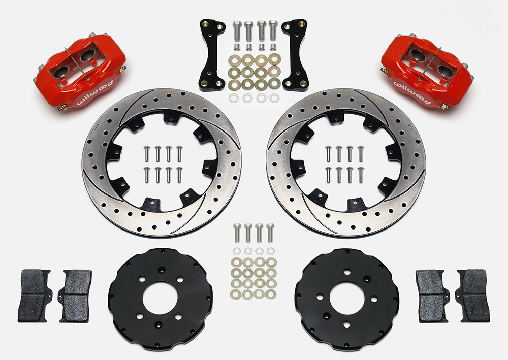 Wilwood Forged Dynalite Big Brake Front Brake Kit (Hat) Parts Laid Out - Red Powder Coat Caliper - SRP Drilled & Slotted Rotor