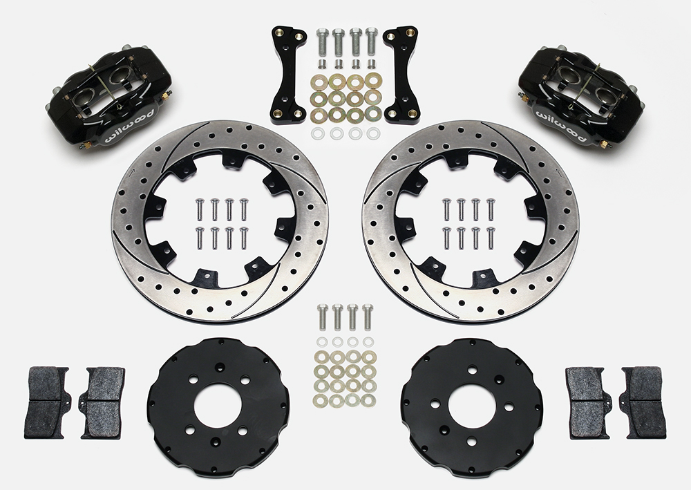 Wilwood Forged Dynalite Big Brake Front Brake Kit (Hat) Parts Laid Out - Black Powder Coat Caliper - SRP Drilled & Slotted Rotor