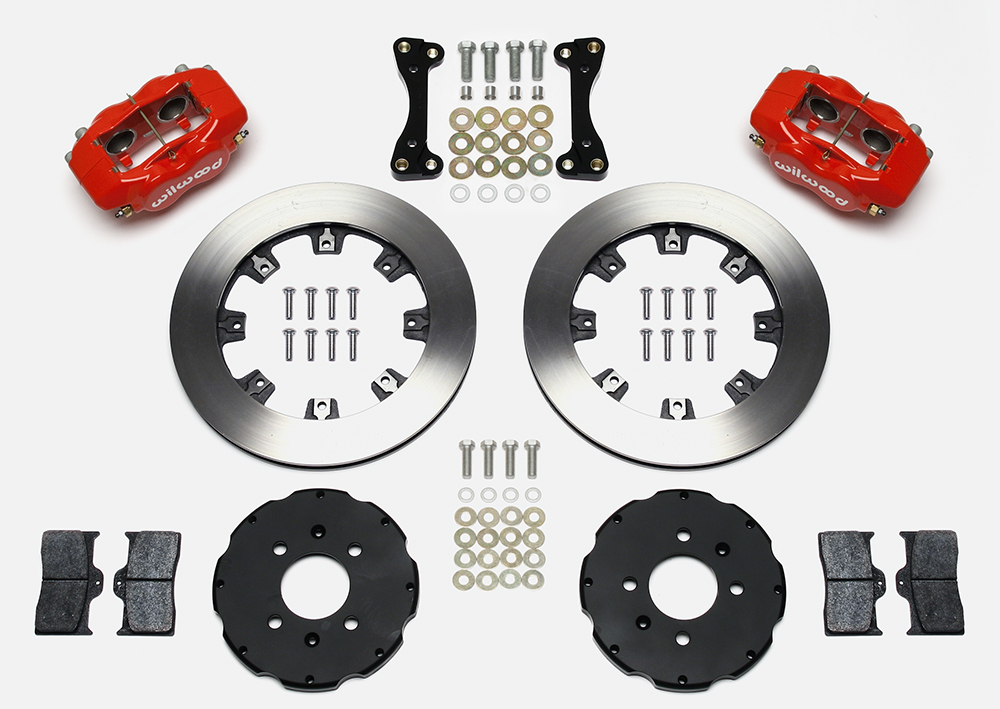 Wilwood Forged Dynalite Big Brake Front Brake Kit (Hat) Parts Laid Out - Red Powder Coat Caliper - Plain Face Rotor