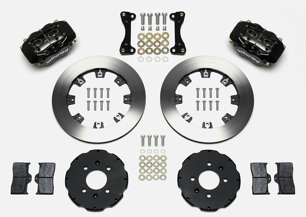 Wilwood Forged Dynalite Big Brake Front Brake Kit (Hat) Parts Laid Out - Black Powder Coat Caliper - Plain Face Rotor