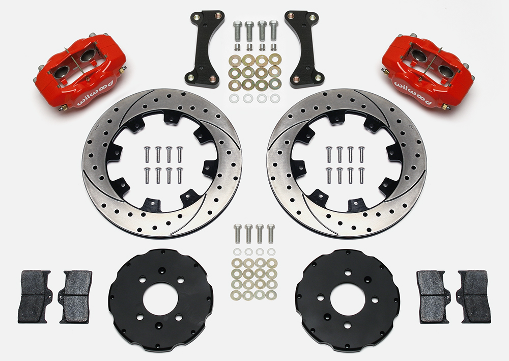 Wilwood Forged Dynalite Big Brake Front Brake Kit (Hat) Parts Laid Out - Red Powder Coat Caliper - SRP Drilled & Slotted Rotor