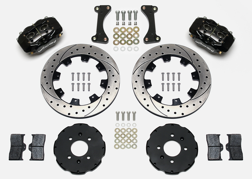 Wilwood Forged Dynalite Big Brake Front Brake Kit (Hat) Parts Laid Out - Black Powder Coat Caliper - SRP Drilled & Slotted Rotor