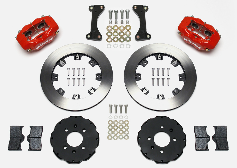 Wilwood Forged Dynalite Big Brake Front Brake Kit (Hat) Parts Laid Out - Red Powder Coat Caliper - Plain Face Rotor