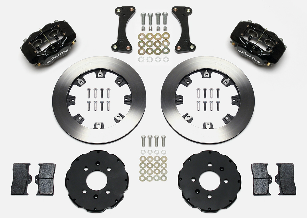 Wilwood Forged Dynalite Big Brake Front Brake Kit (Hat) Parts Laid Out - Black Powder Coat Caliper - Plain Face Rotor