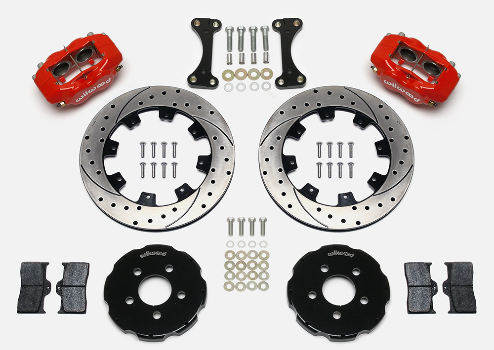 Wilwood Forged Dynalite Big Brake Front Brake Kit (Hat) Parts Laid Out - Red Powder Coat Caliper - SRP Drilled & Slotted Rotor