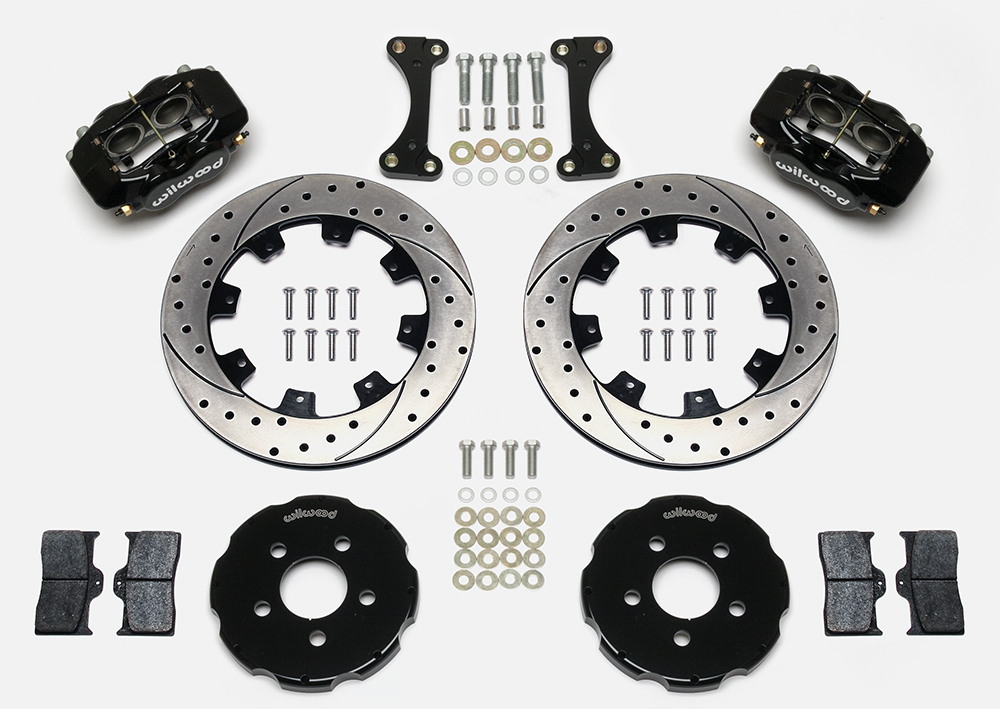 Wilwood Forged Dynalite Big Brake Front Brake Kit (Hat) Parts Laid Out - Black Powder Coat Caliper - SRP Drilled & Slotted Rotor