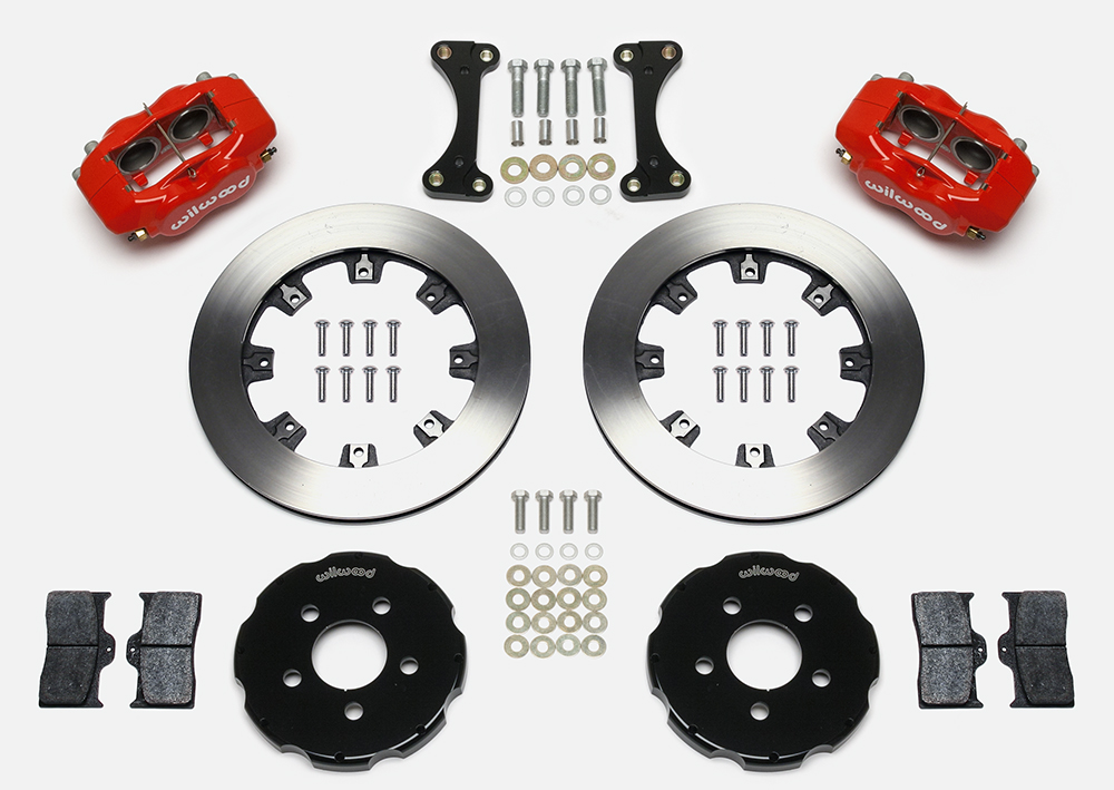 Wilwood Forged Dynalite Big Brake Front Brake Kit (Hat) Parts Laid Out - Red Powder Coat Caliper - Plain Face Rotor