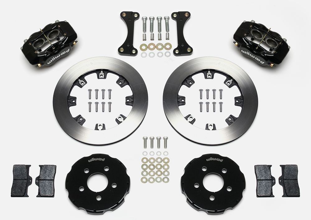 Wilwood Forged Dynalite Big Brake Front Brake Kit (Hat) Parts Laid Out - Black Powder Coat Caliper - Plain Face Rotor