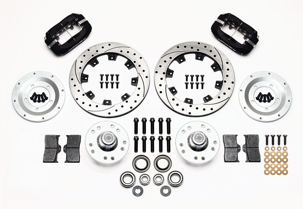 Wilwood Forged Dynalite Pro Series Front Brake Kit Parts Laid Out - Type III Anodize Caliper - SRP Drilled & Slotted Rotor