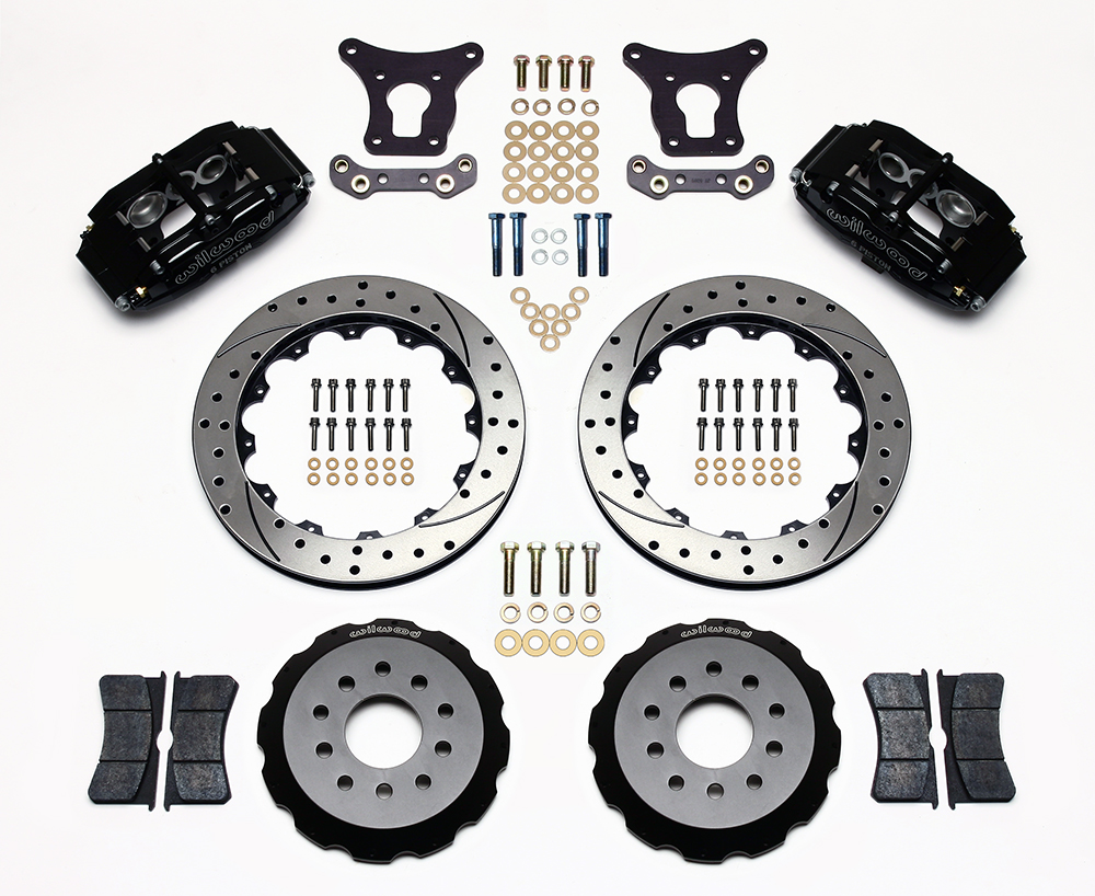 Wilwood Superlite 6 Big Brake Front Brake Kit (Hat) Parts Laid Out - Black Powder Coat Caliper - SRP Drilled & Slotted Rotor