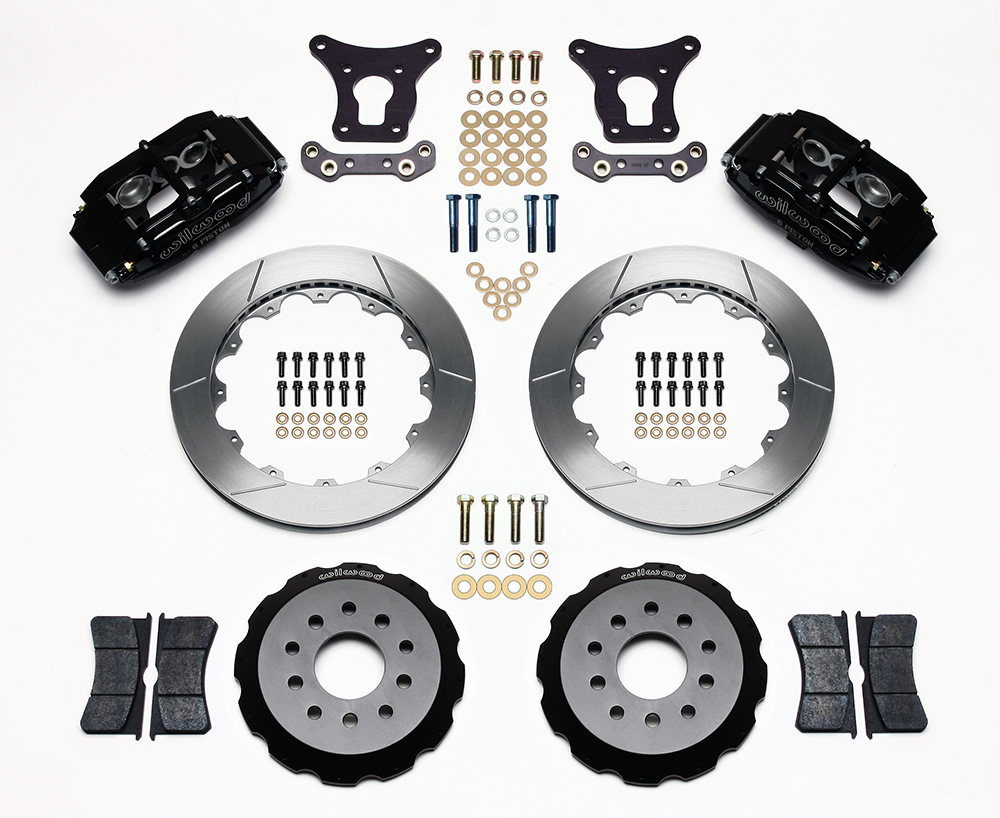 Wilwood Superlite 6 Big Brake Front Brake Kit (Hat) Parts Laid Out - Black Powder Coat Caliper - GT Slotted Rotor