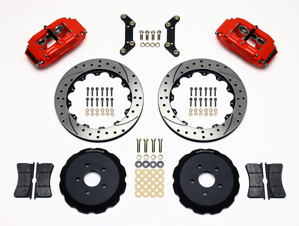 Wilwood Superlite 6 Big Brake Front Brake Kit (Hat) Parts Laid Out - Red Powder Coat Caliper - SRP Drilled & Slotted Rotor