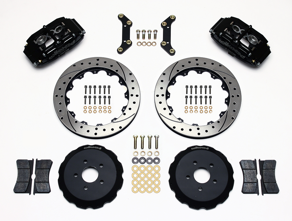 Wilwood Superlite 6 Big Brake Front Brake Kit (Hat) Parts Laid Out - Black Powder Coat Caliper - SRP Drilled & Slotted Rotor