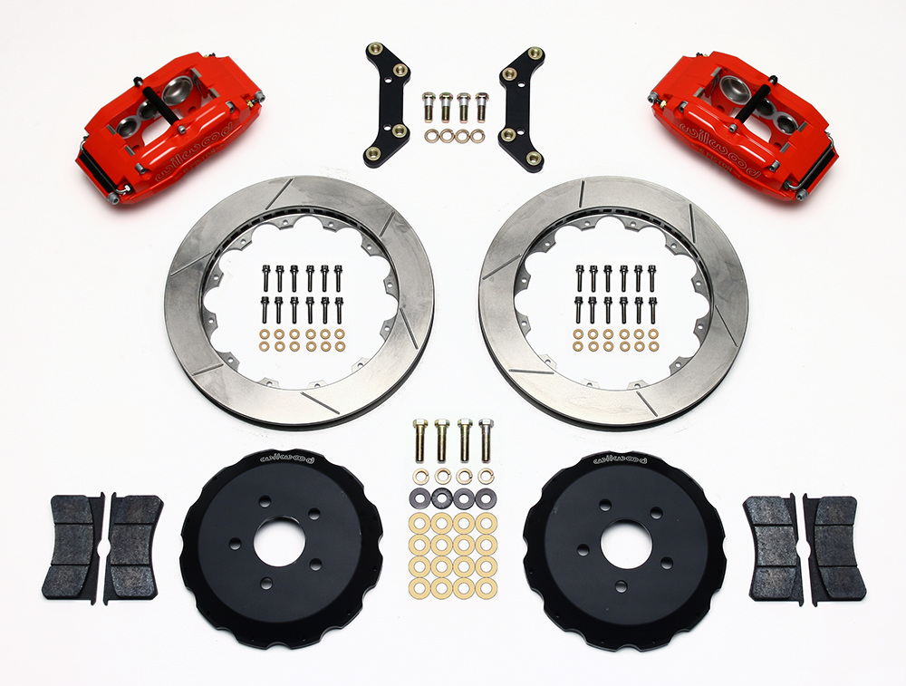 Wilwood Superlite 6 Big Brake Front Brake Kit (Hat) Parts Laid Out - Red Powder Coat Caliper - GT Slotted Rotor