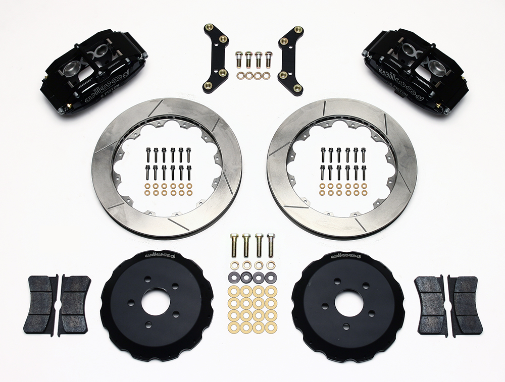 Wilwood Superlite 6 Big Brake Front Brake Kit (Hat) Parts Laid Out - Black Powder Coat Caliper - GT Slotted Rotor