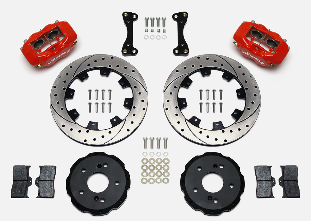 Wilwood Forged Dynalite Big Brake Front Brake Kit (Hat) Parts Laid Out - Red Powder Coat Caliper - SRP Drilled & Slotted Rotor