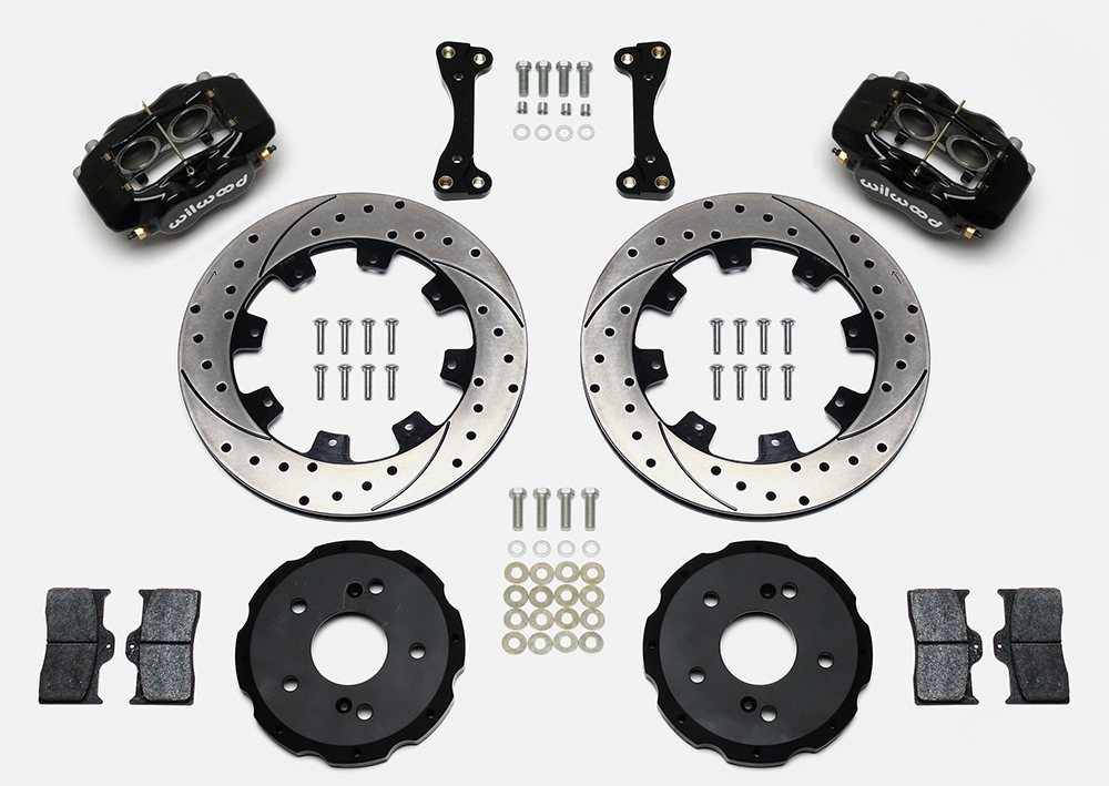 Wilwood Forged Dynalite Big Brake Front Brake Kit (Hat) Parts Laid Out - Black Powder Coat Caliper - SRP Drilled & Slotted Rotor