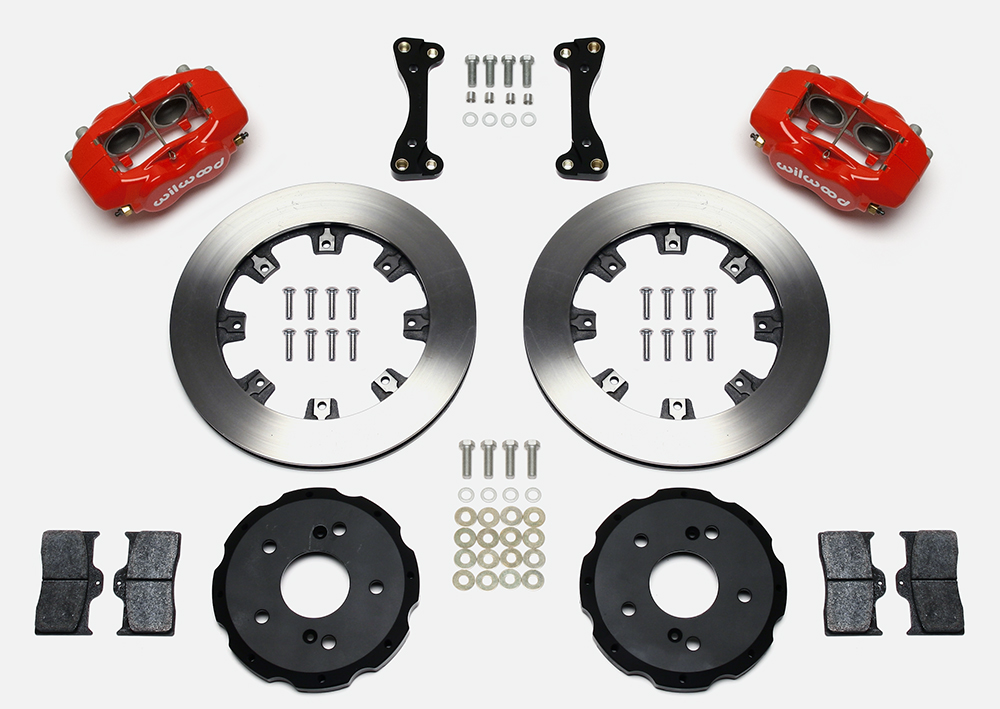 Wilwood Forged Dynalite Big Brake Front Brake Kit (Hat) Parts Laid Out - Red Powder Coat Caliper - Plain Face Rotor