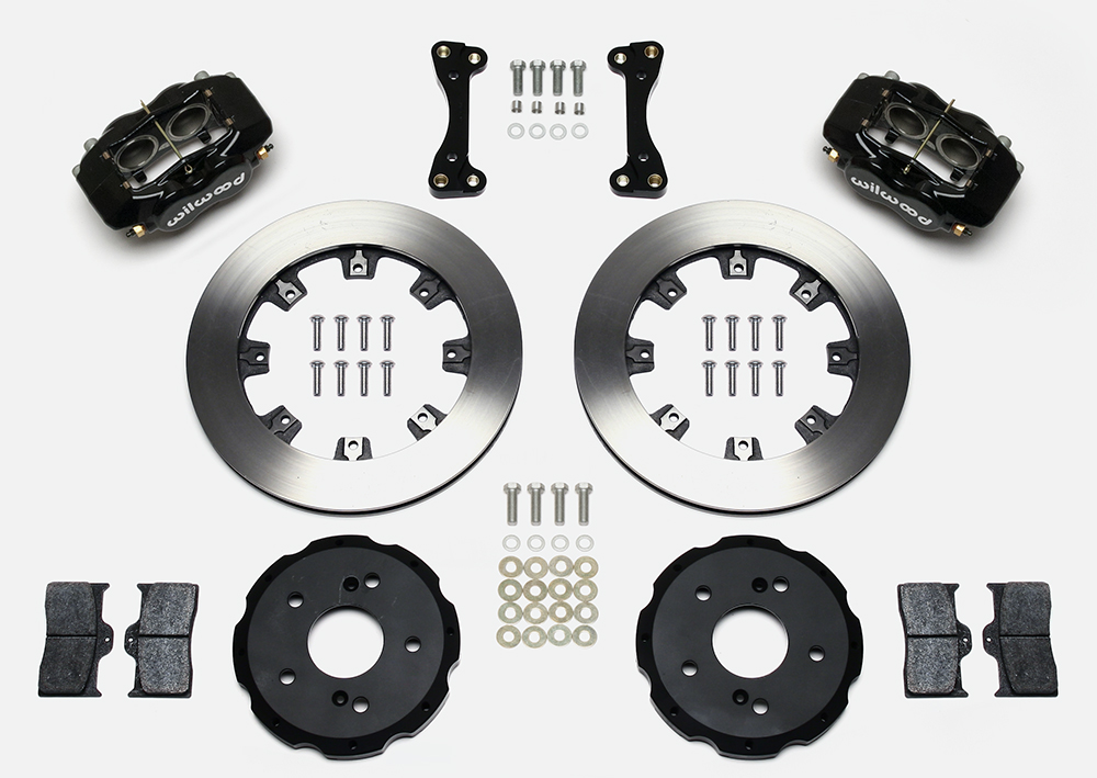 Wilwood Forged Dynalite Big Brake Front Brake Kit (Hat) Parts Laid Out - Black Powder Coat Caliper - Plain Face Rotor