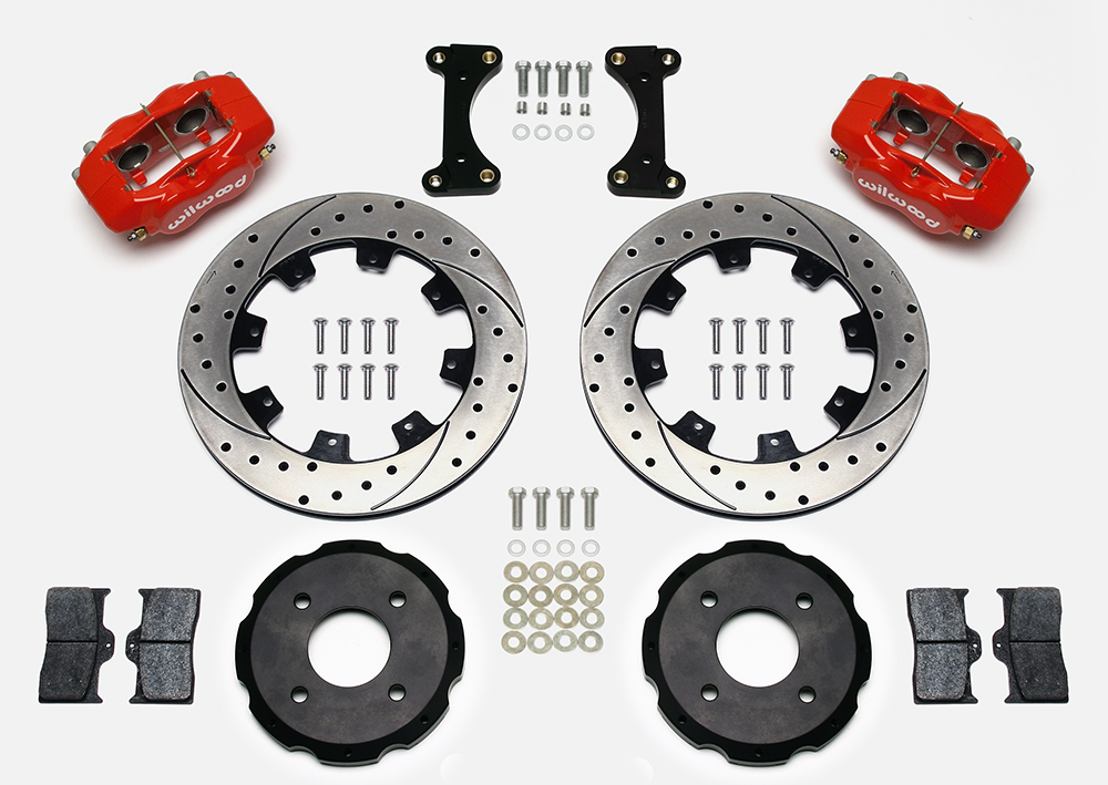 Wilwood Forged Dynalite Big Brake Front Brake Kit (Hat) Parts Laid Out - Red Powder Coat Caliper - SRP Drilled & Slotted Rotor