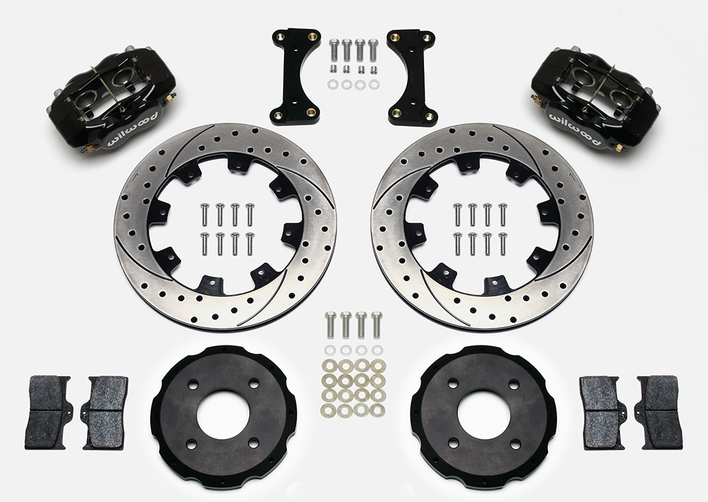 Wilwood Forged Dynalite Big Brake Front Brake Kit (Hat) Parts Laid Out - Black Powder Coat Caliper - SRP Drilled & Slotted Rotor