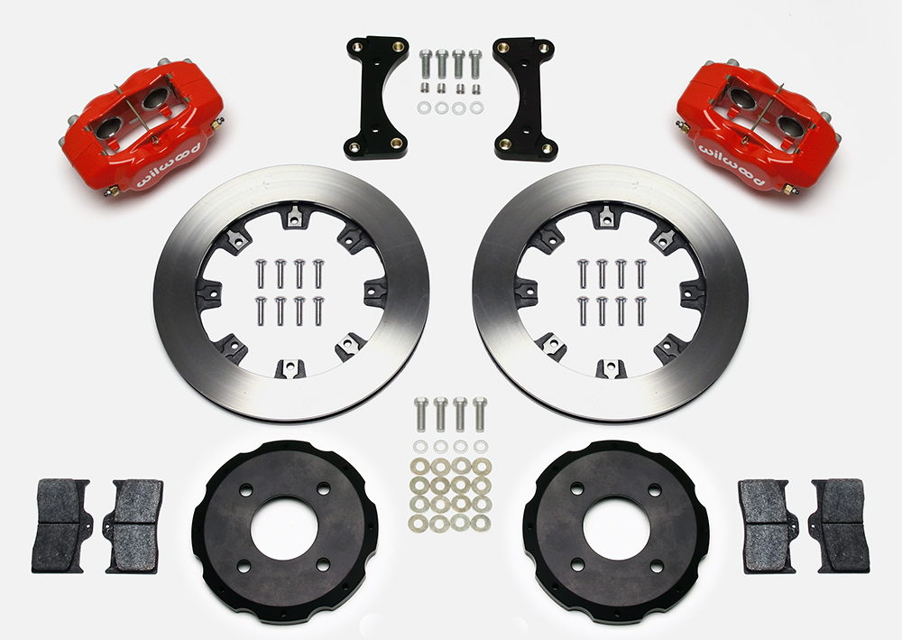 Wilwood Forged Dynalite Big Brake Front Brake Kit (Hat) Parts Laid Out - Red Powder Coat Caliper - Plain Face Rotor