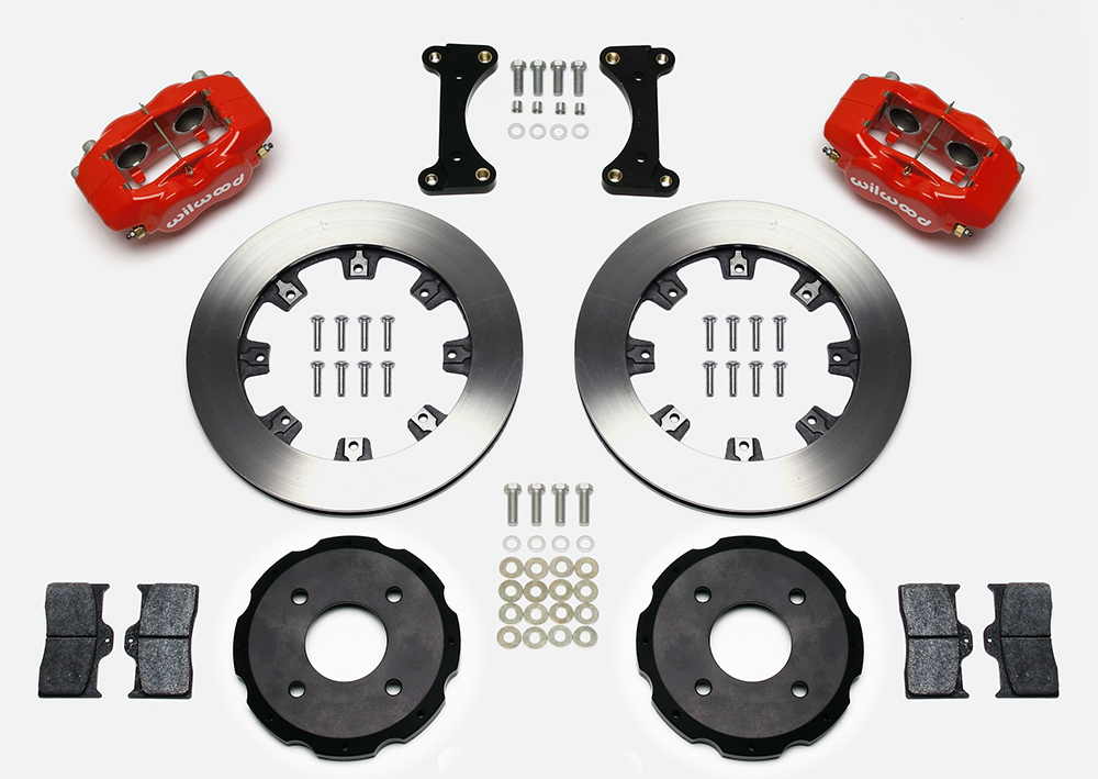 Wilwood Forged Dynalite Big Brake Front Brake Kit (Hat) Parts Laid Out - Red Powder Coat Caliper - Plain Face Rotor