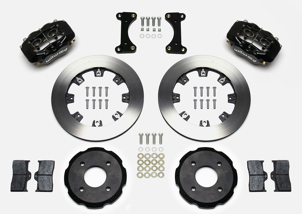 Wilwood Forged Dynalite Big Brake Front Brake Kit (Hat) Parts Laid Out - Black Powder Coat Caliper - Plain Face Rotor