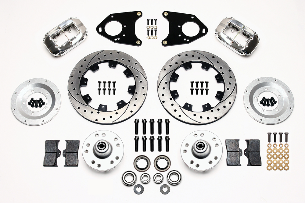 Wilwood Forged Dynalite Big Brake Front Brake Kit (Hub) Parts Laid Out - Polish Caliper - SRP Drilled & Slotted Rotor