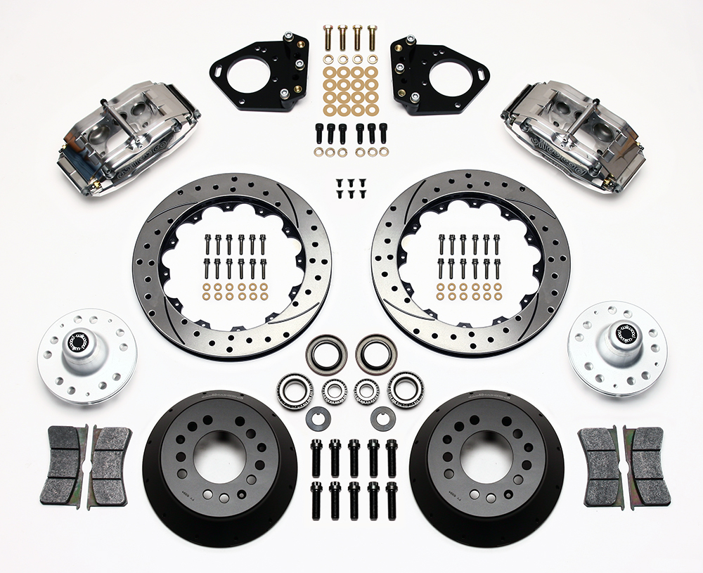 Wilwood Superlite 6 Big Brake Front Brake Kit (Hub) Parts Laid Out - Polish Caliper - SRP Drilled & Slotted Rotor