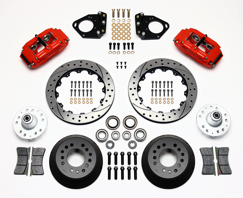 Wilwood Superlite 6 Big Brake Front Brake Kit (Hub) Parts Laid Out - Red Powder Coat Caliper - SRP Drilled & Slotted Rotor