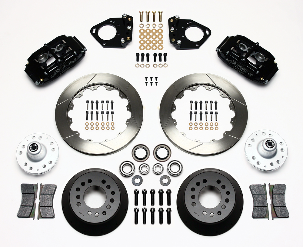 Wilwood Superlite 6 Big Brake Front Brake Kit (Hub) Parts Laid Out - Black Powder Coat Caliper - GT Slotted Rotor