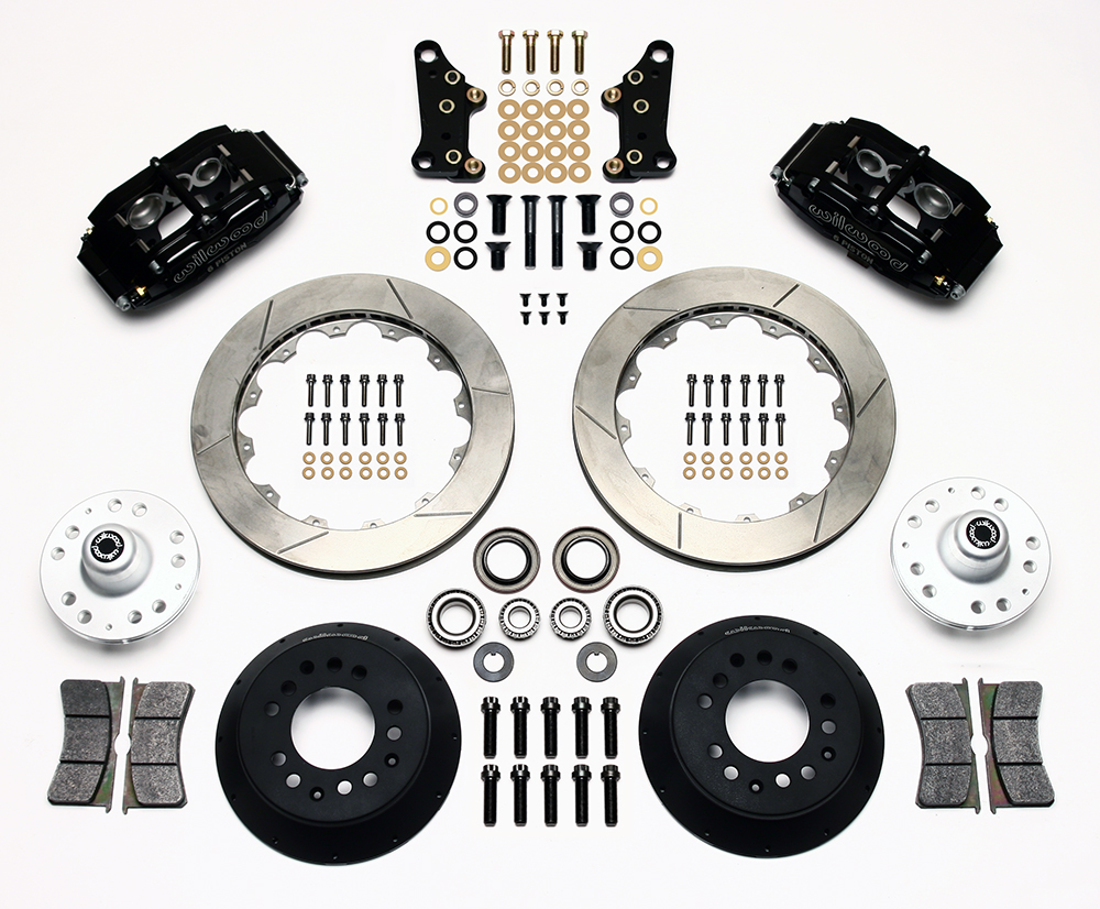Wilwood Superlite 6 Big Brake Front Brake Kit (Hub) Parts Laid Out - Black Powder Coat Caliper - GT Slotted Rotor