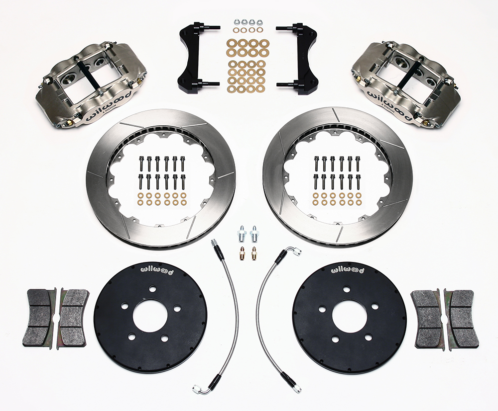 Wilwood Superlite 6R Big Brake Front Brake Kit (Race) Parts Laid Out - Nickel Plate Caliper - GT Slotted Rotor