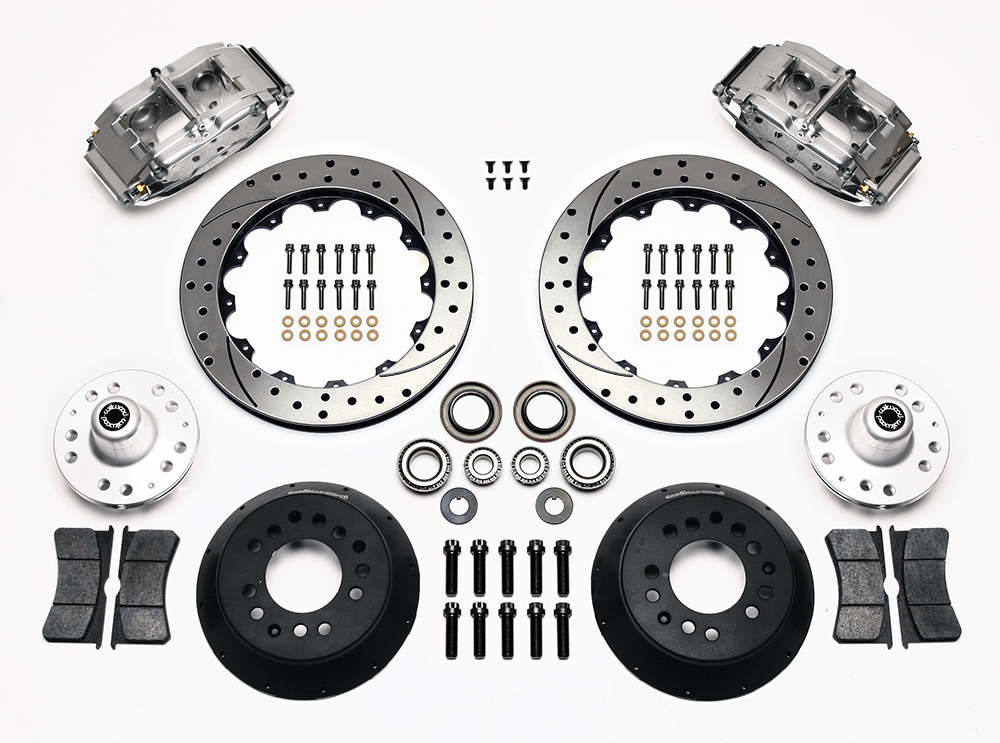 Wilwood Superlite 6 Big Brake Front Brake Kit (Hub, Less Brackets) Parts Laid Out - Polish Caliper - SRP Drilled & Slotted Rotor