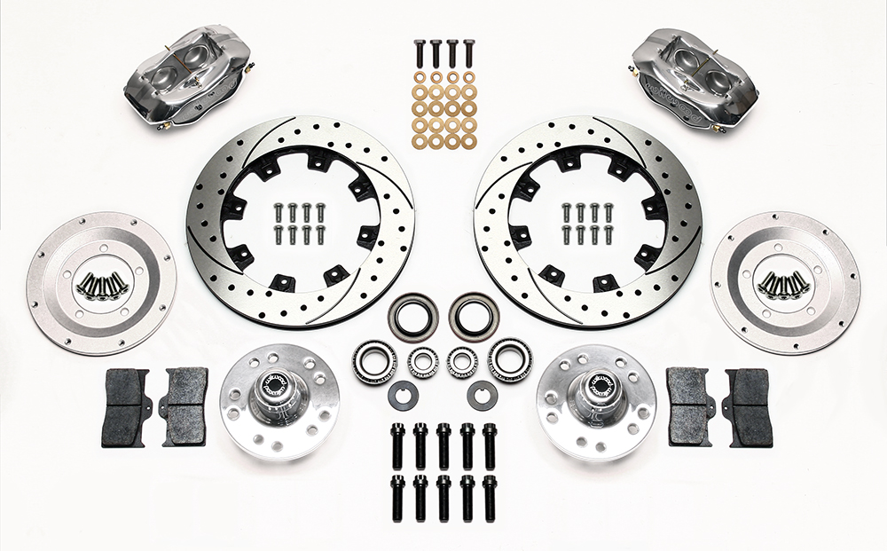 Wilwood Forged Dynalite Big Brake Front Brake Kit (Hub, Less Brackets) Parts Laid Out - Polish Caliper - SRP Drilled & Slotted Rotor