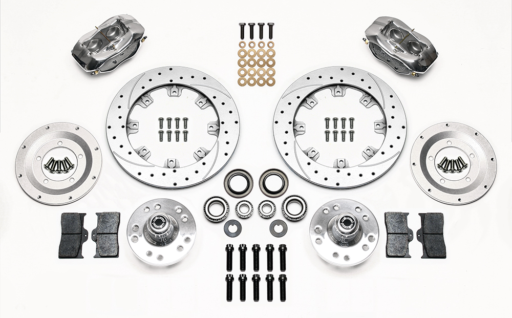 Wilwood Forged Dynalite Big Brake Front Brake Kit (Hub, Less Brackets) Parts Laid Out - Polish Caliper - SRP Drilled & Slotted Rotor