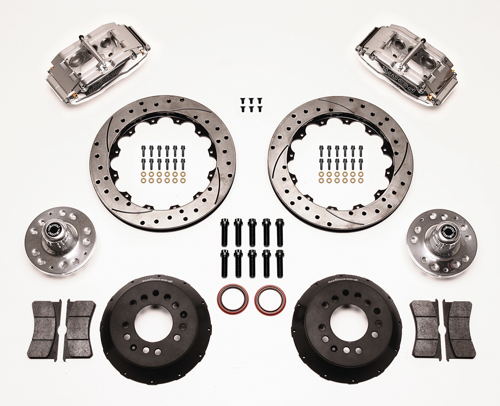 Wilwood Superlite 6 Big Brake Front Brake Kit (Hub, Less Brackets) Parts Laid Out - Polish Caliper - SRP Drilled & Slotted Rotor