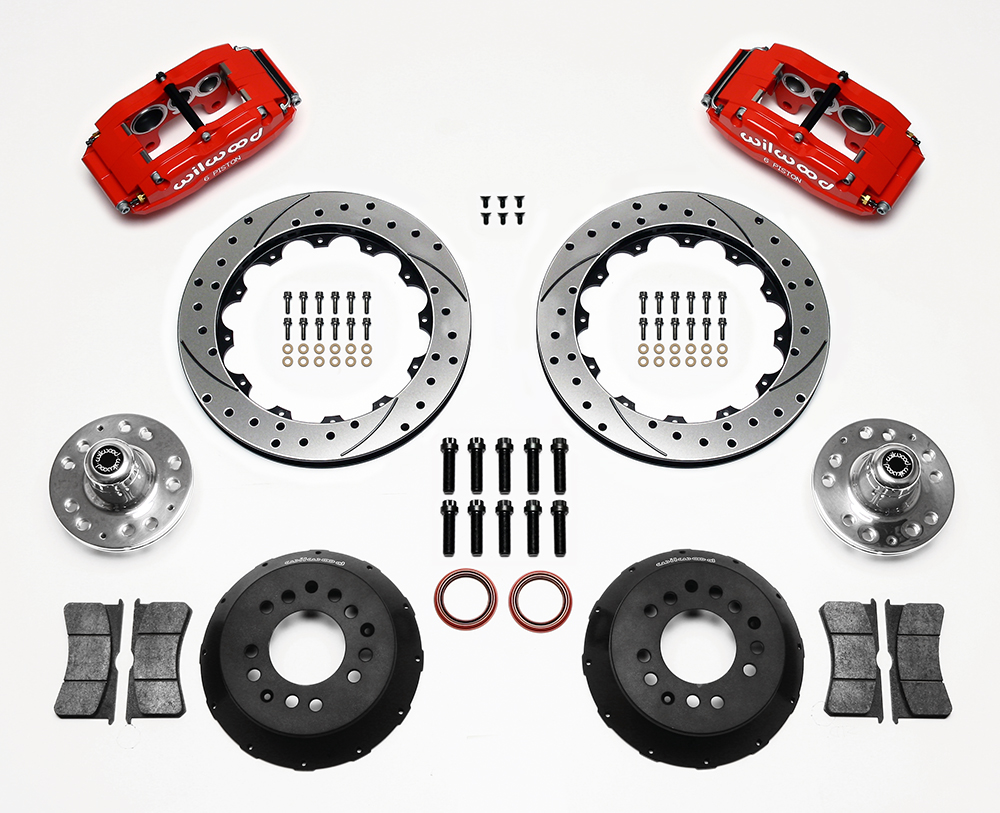 Wilwood Superlite 6 Big Brake Front Brake Kit (Hub, Less Brackets) Parts Laid Out - Red Powder Coat Caliper - SRP Drilled & Slotted Rotor