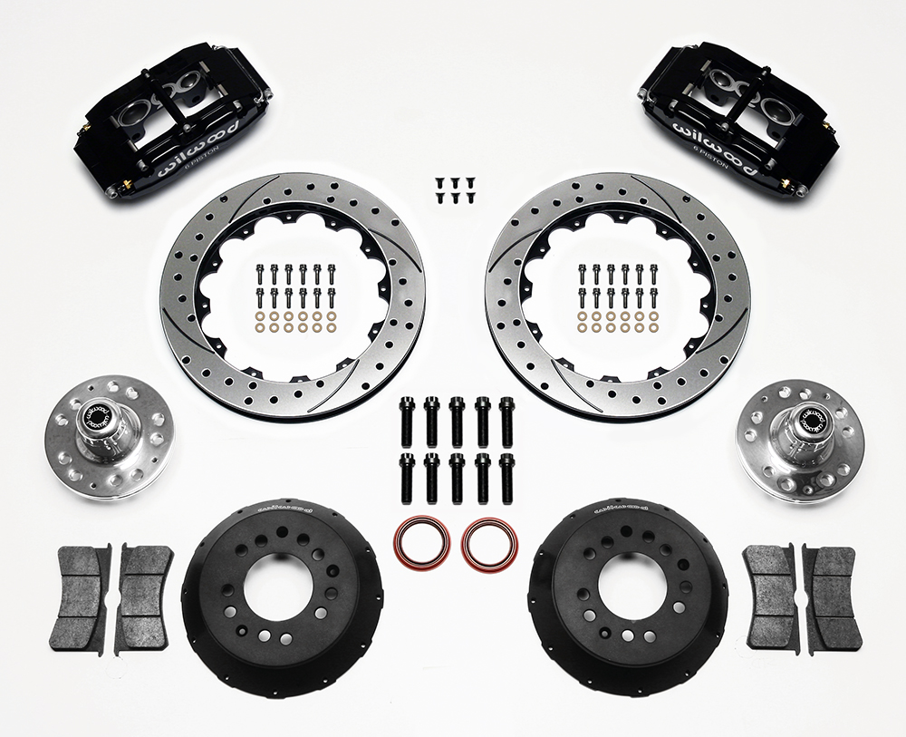 Wilwood Superlite 6 Big Brake Front Brake Kit (Hub, Less Brackets) Parts Laid Out - Black Powder Coat Caliper - SRP Drilled & Slotted Rotor