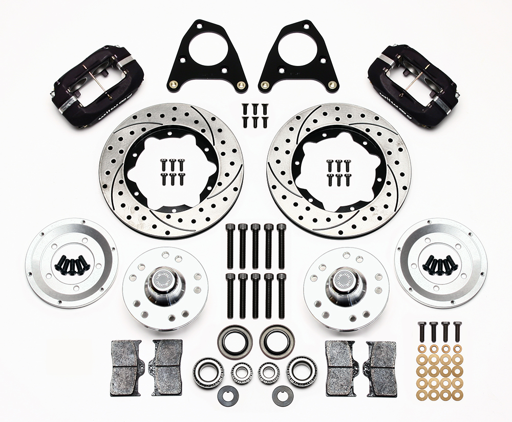 Wilwood Forged Dynalite Pro Series Front Brake Kit Parts Laid Out - Type III Anodize Caliper - SRP Drilled & Slotted Rotor