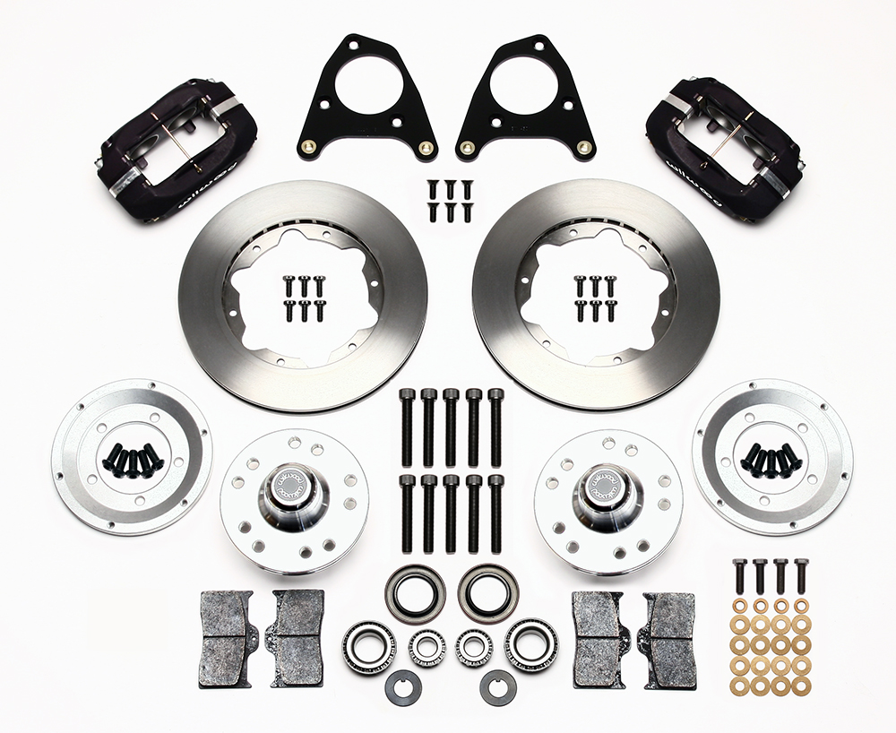 Wilwood Forged Dynalite Pro Series Front Brake Kit Parts Laid Out - Type III Anodize Caliper - Plain Face Rotor