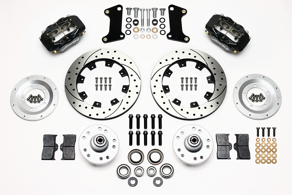 Wilwood Forged Dynalite Big Brake Front Brake Kit (Hub) Parts Laid Out - Black Powder Coat Caliper - SRP Drilled & Slotted Rotor