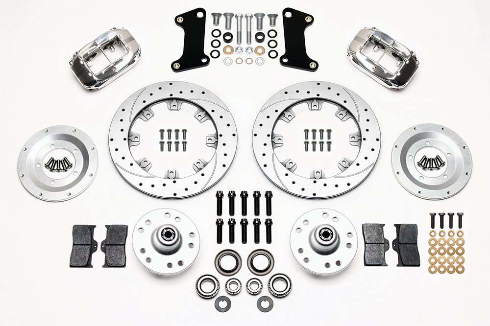 Wilwood Forged Dynalite Big Brake Front Brake Kit (Hub) Parts Laid Out - Polish Caliper - SRP Drilled & Slotted Rotor