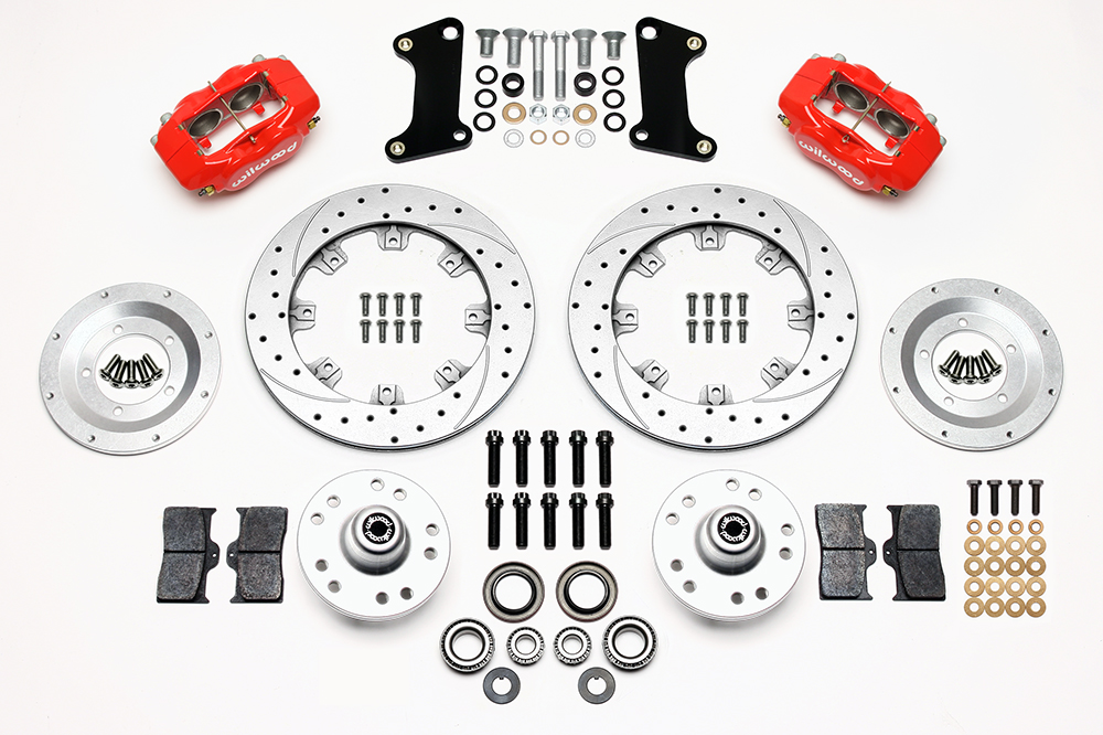 Wilwood Forged Dynalite Big Brake Front Brake Kit (Hub) Parts Laid Out - Red Powder Coat Caliper - SRP Drilled & Slotted Rotor