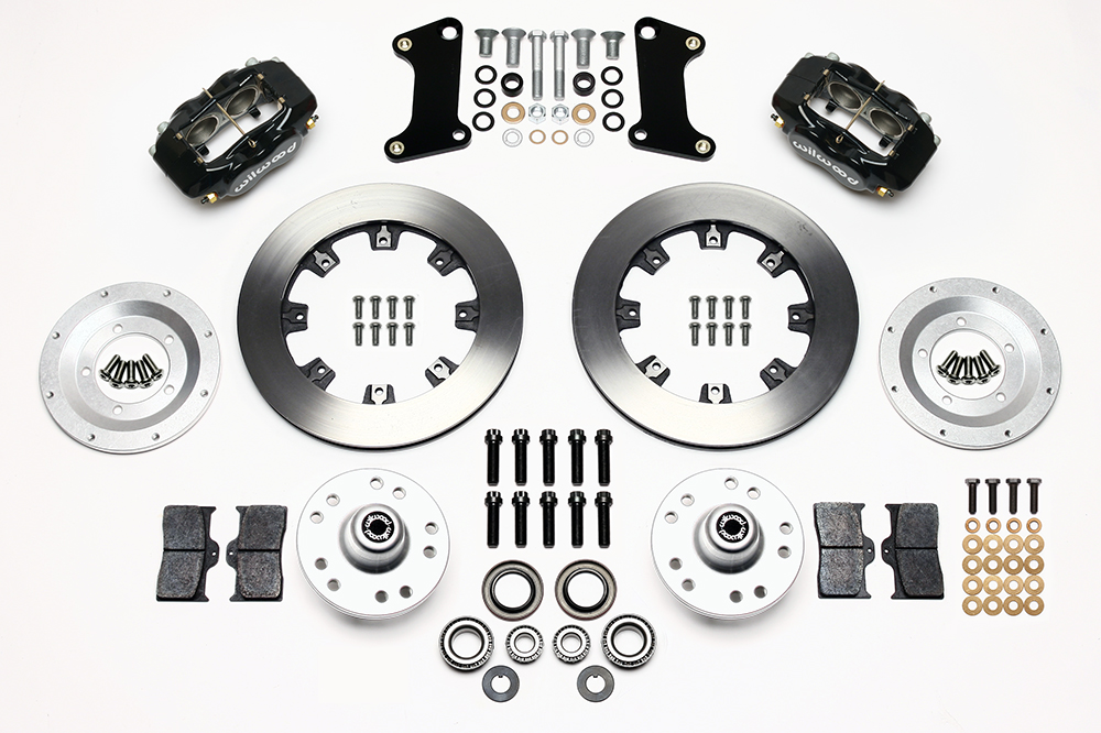 Wilwood Forged Dynalite Big Brake Front Brake Kit (Hub) Parts Laid Out - Black Powder Coat Caliper - Plain Face Rotor