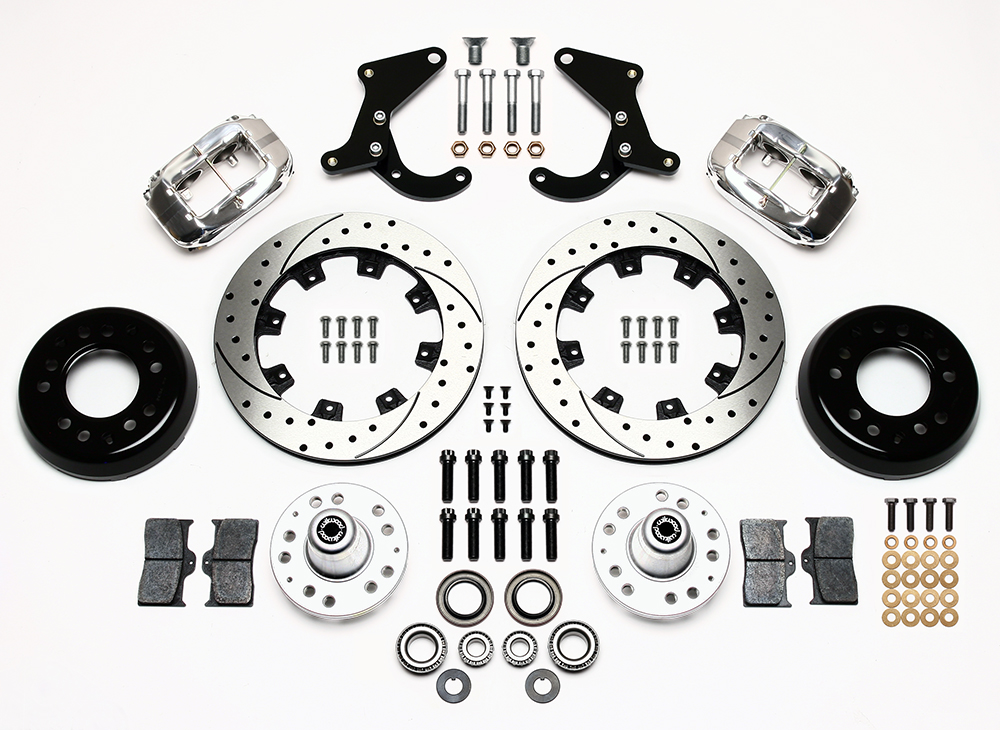 Wilwood Forged Dynalite Big Brake Front Brake Kit (Hub) Parts Laid Out - Polish Caliper - SRP Drilled & Slotted Rotor